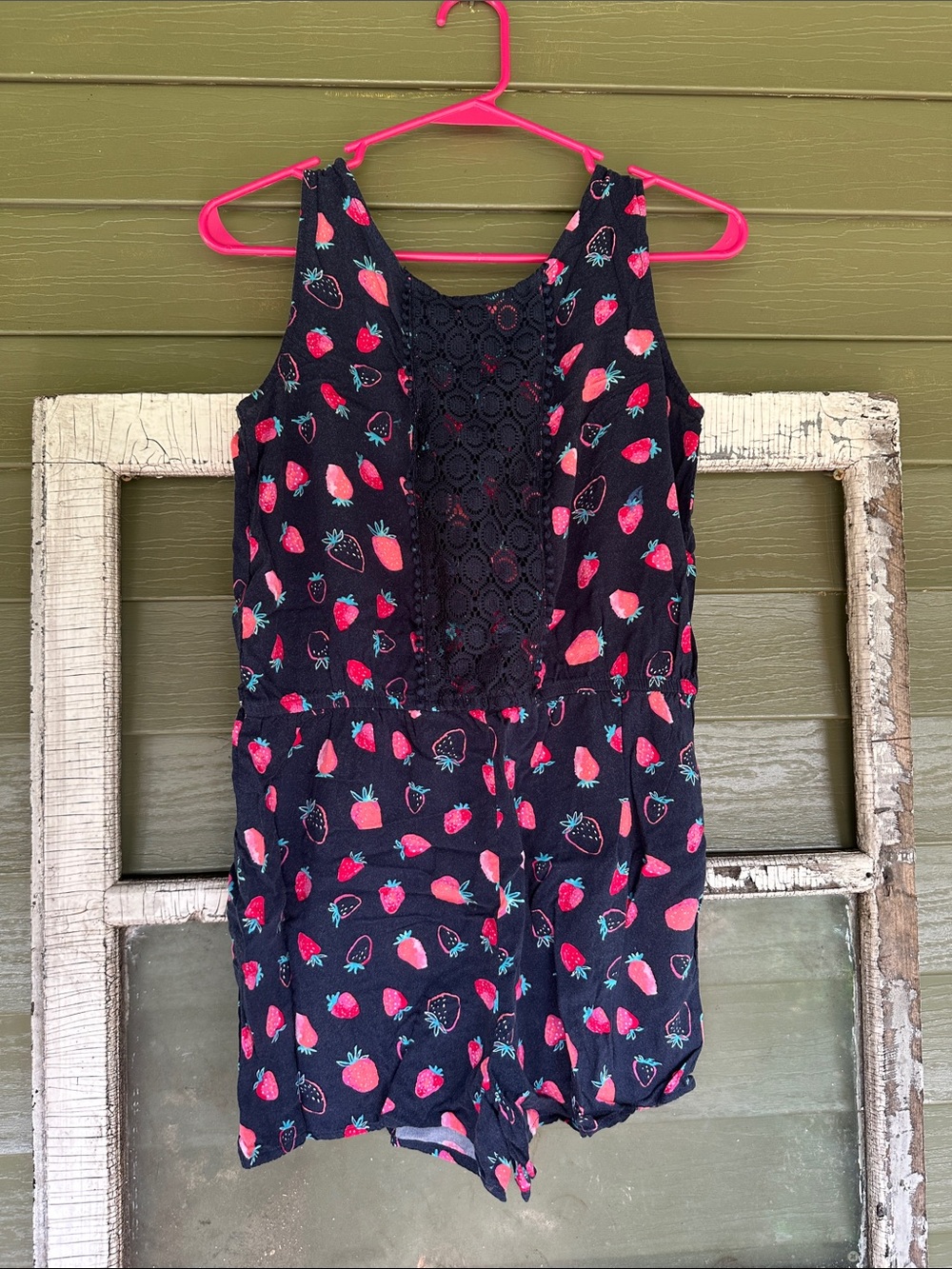wonder nation Black Romper with Pink Strawberry Print and Lace Back